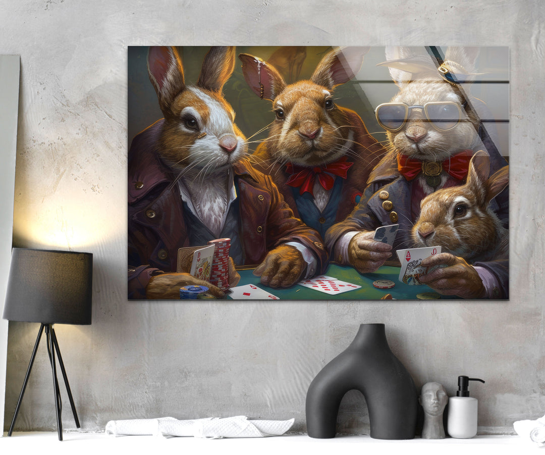 Rabbits Playing Poker Glass Wall Art glass image printing, glass prints from photos