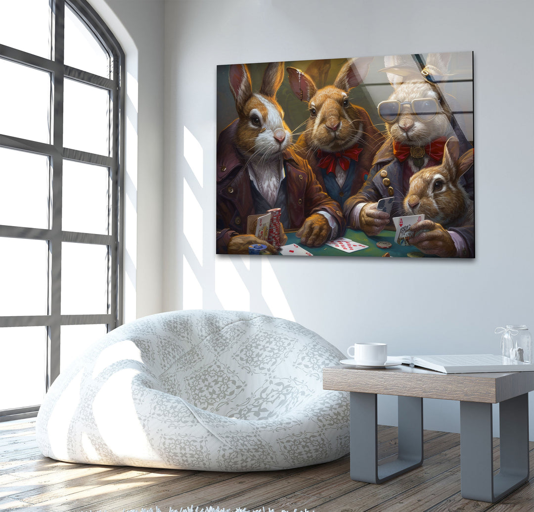 Rabbits Playing Poker Glass Wall Art custom glass pictures, glass art prints