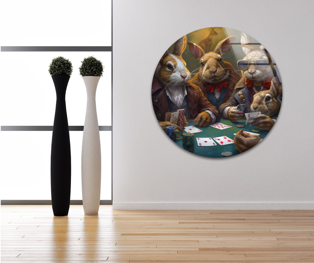 Rabbits Playing Poker Glass Wall Art photo print on glass, prints on glass wall art