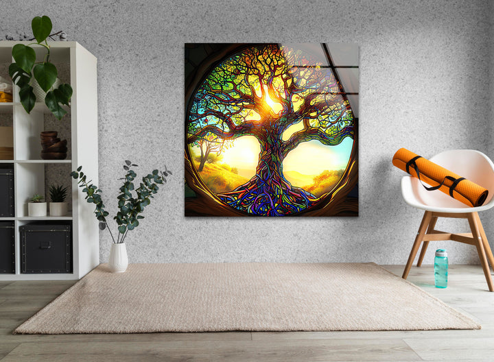 Realistic Life of Tree Glass Wall Art picture on glass wall art, photos printed on glass
