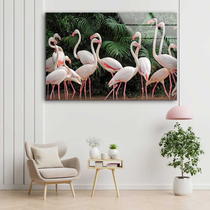 Group White Flamingos Glass Wall Art glass image printing, glass prints from photos