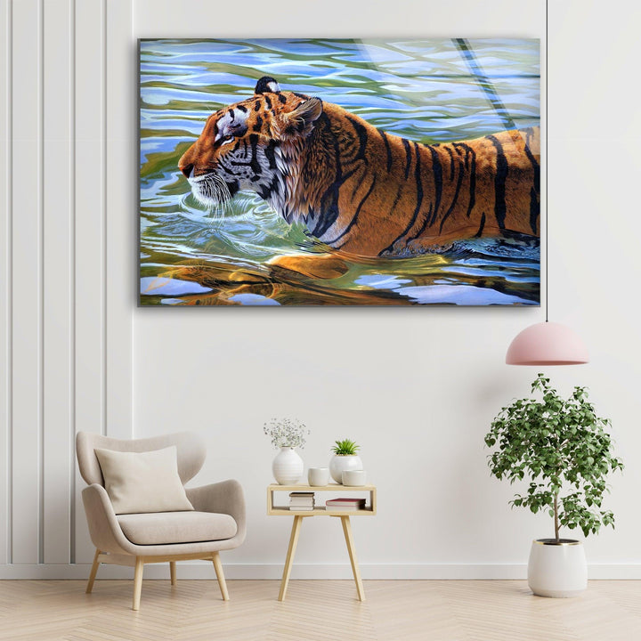 Swimming Tiger Glass Wall Art glass photo prints, glass picture prints