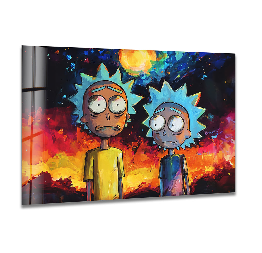 Rick and Morty on Galaxy Glass Wall Art print picture on glass, Tempered Glass Wall Art
