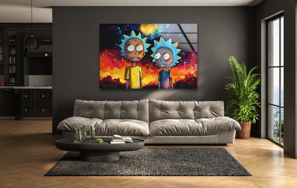 Rick and Morty on Galaxy Glass Wall Art glass wall decor, glass wall art decor
