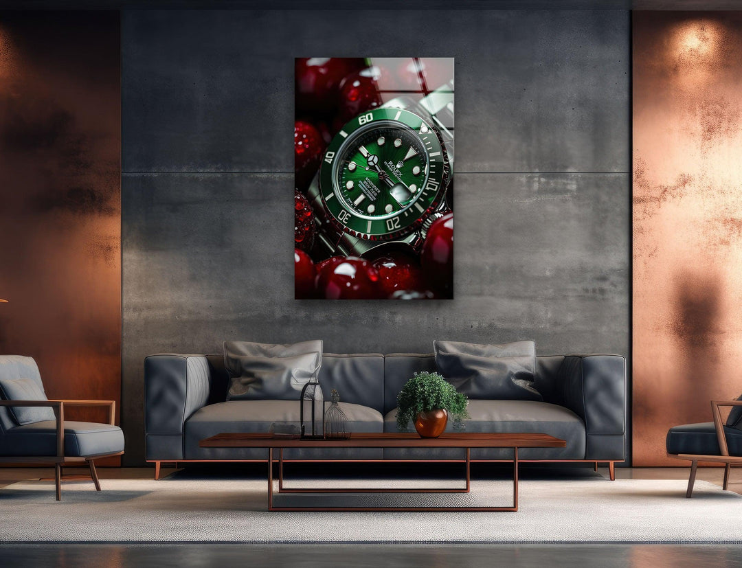 Rolex With Cherry Glass Wall Art custom glass pictures, glass art prints
