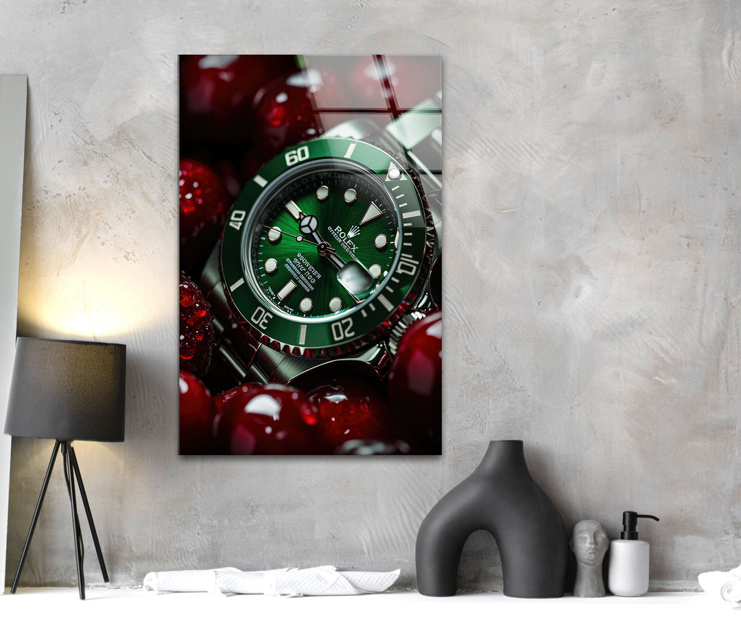 Rolex With Cherry Glass Wall Art photo print on glass, prints on glass wall art
