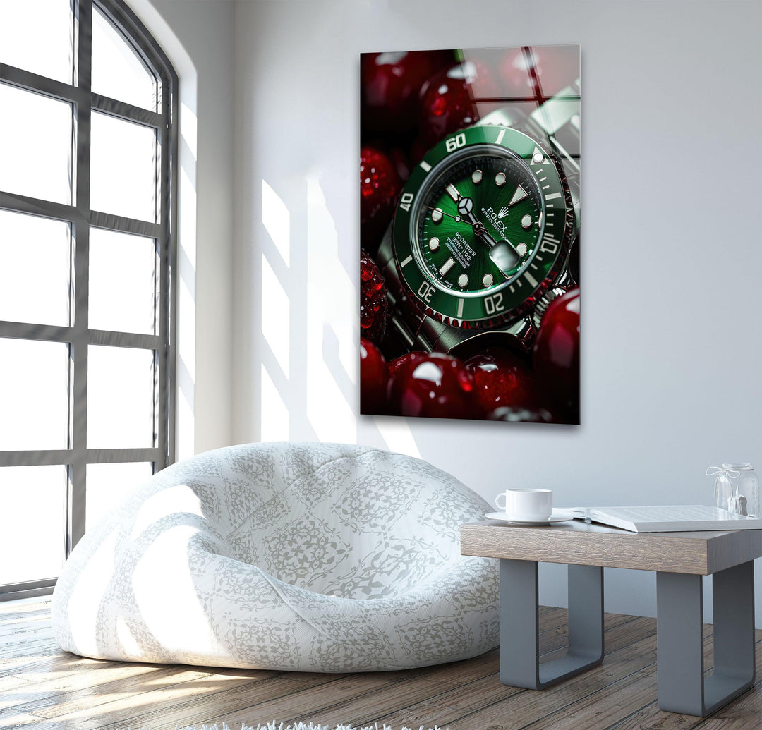 Rolex With Cherry Glass Wall Art custom glass photo prints, large glass prints
