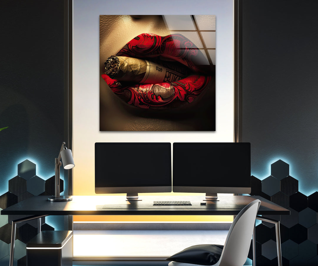 Rouged Lips Smoking Glass Wall Art picture on glass wall art, photos printed on glass
