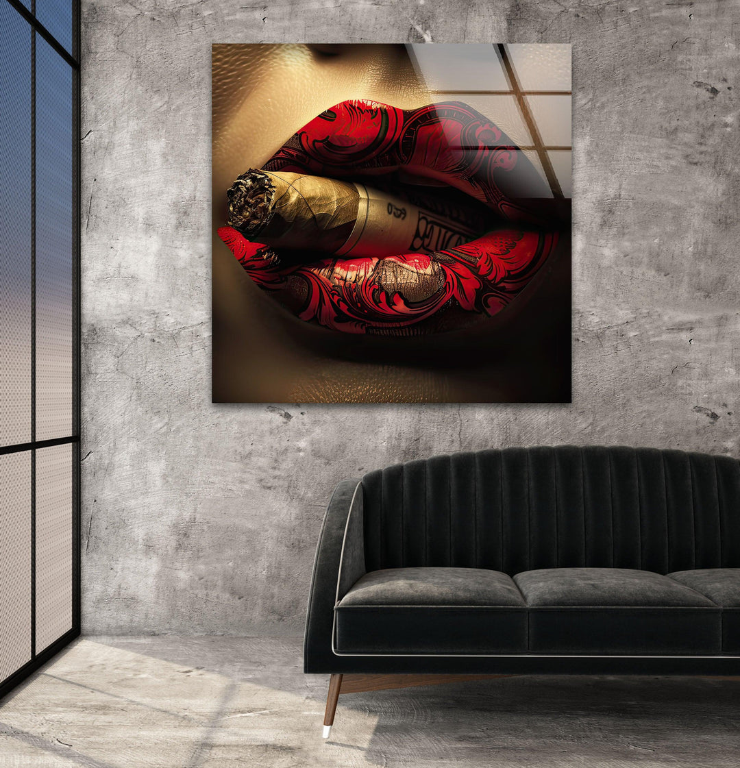 Rouged Lips Smoking Glass Wall Art large glass photo prints, glass wall photos
