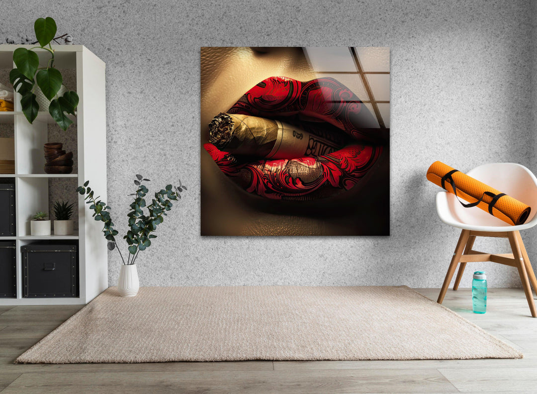 Rouged Lips Smoking Glass Wall Art custom glass photo prints, large glass prints
