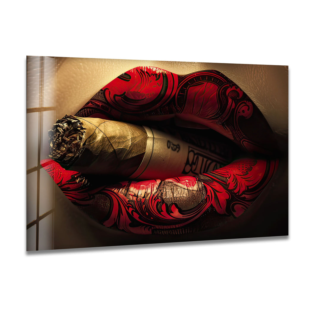 Rouged Lips Smoking Glass Wall Art glass photo prints, glass picture prints
