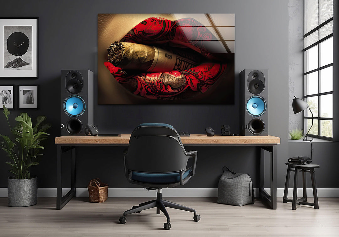 Rouged Lips Smoking Glass Wall Art print on glass, glass printed photos
