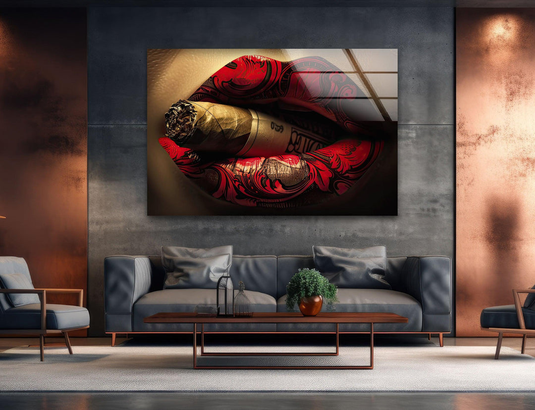 Rouged Lips Smoking Glass Wall Art print picture on glass, Tempered Glass Wall Art
