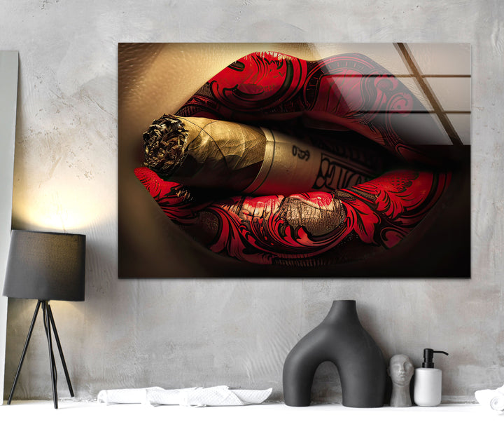 Rouged Lips Smoking Glass Wall Art glass wall decor, glass wall art decor
