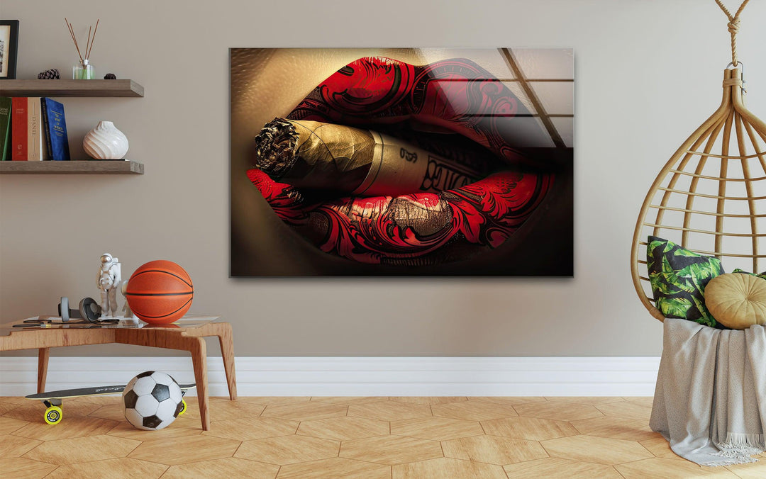 Rouged Lips Smoking Glass Wall Art glass pictures for Wall, glass prints wall art
