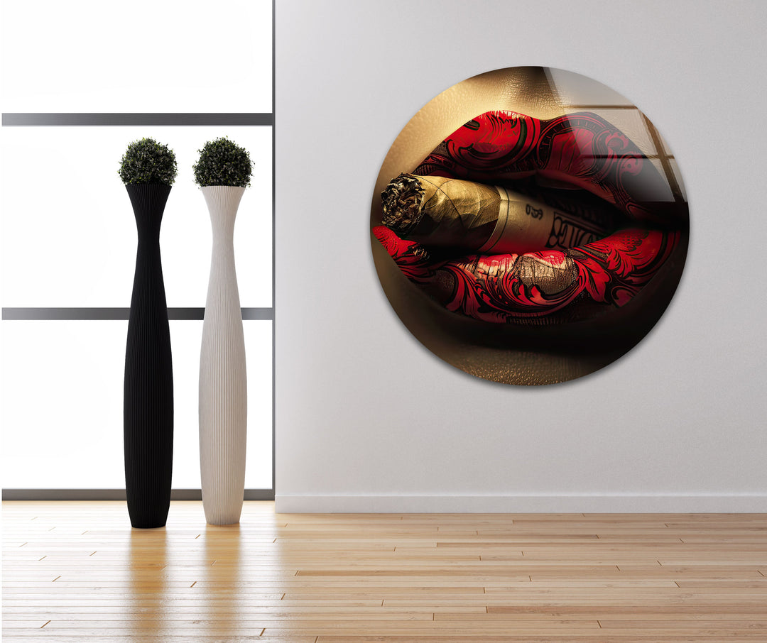 Rouged Lips Smoking Glass Wall Art photo print on glass, prints on glass wall art
