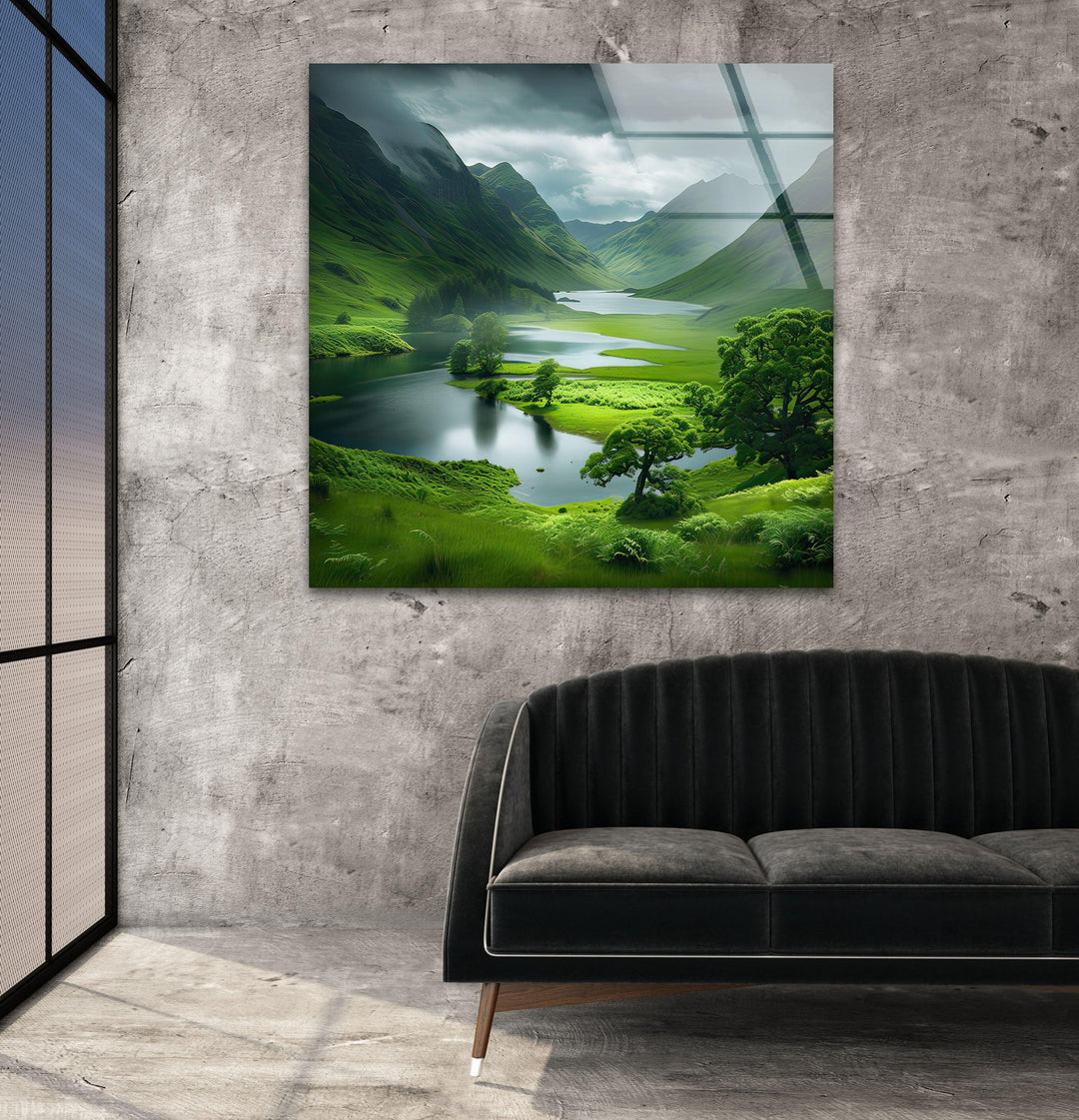 Scotland Green Mountains Glass Wall Art picture on glass wall art, photos printed on glass
