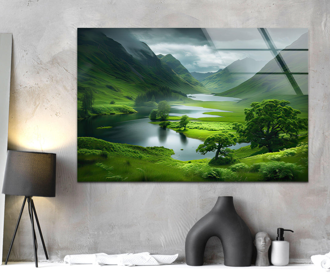 Scotland Green Mountains Glass Wall Art glass art painting, glass art for the Wall
