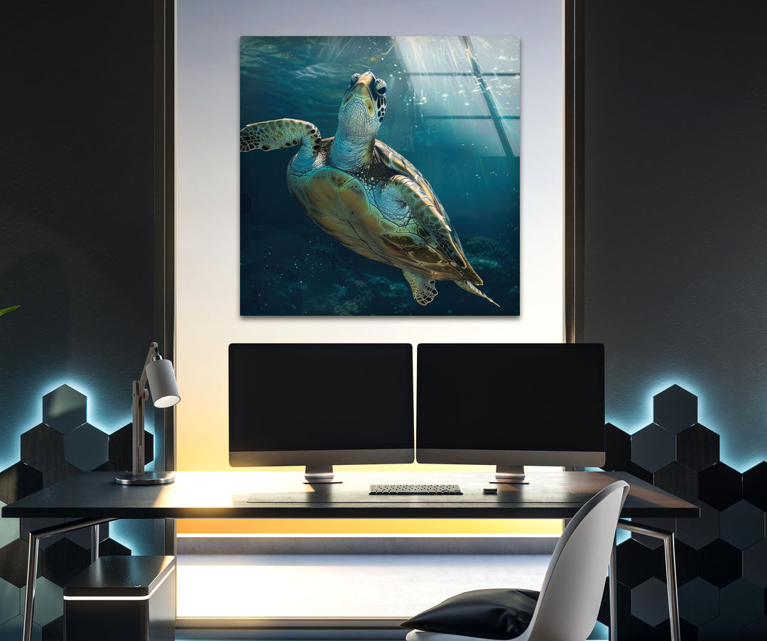 Sea Turtle Underwater Glass Wall Art large glass photo prints, glass wall photos