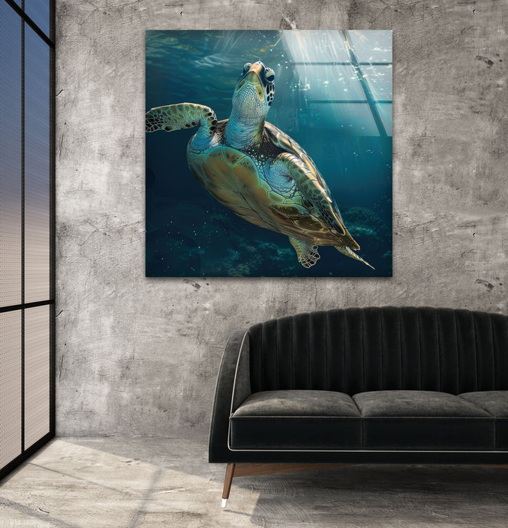 Sea Turtle Underwater Glass Wall Art custom glass pictures, glass art prints