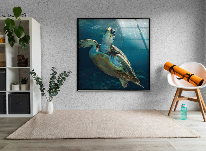 Sea Turtle Underwater Glass Wall Art photo print on glass, prints on glass wall art