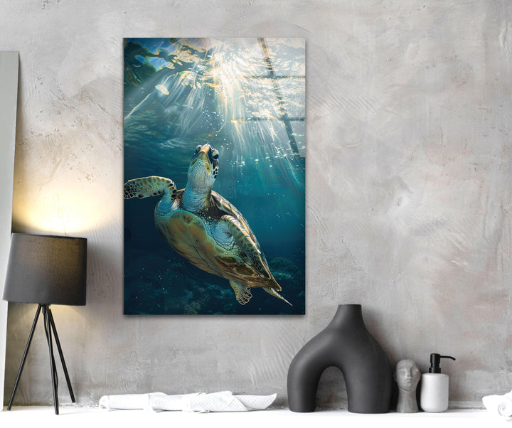 Sea Turtle Underwater Glass Wall Art picture on glass wall art, photos printed on glass