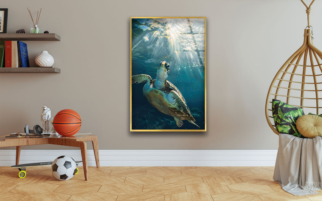 Sea Turtle Underwater Glass Wall Art print on glass, glass printed photos