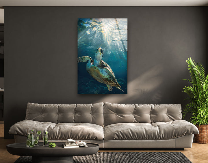 Sea Turtle Underwater Glass Wall Art print picture on glass,Tempered Glass Wall Art