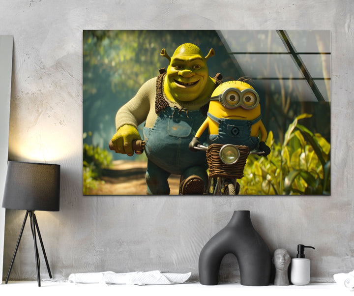 Shrek and Minion Glass Wall Art custom glass photo prints, large glass prints
