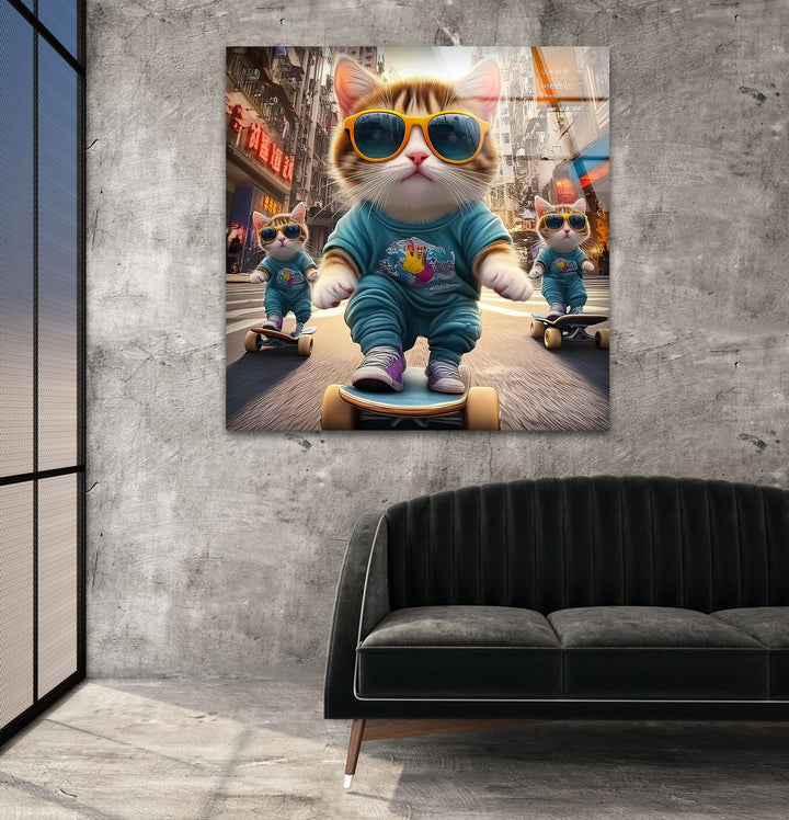 Skateboarder Cats Glass Wall Art Glass Printing Wall Art, Print photos on glass
