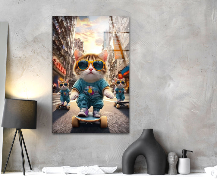 Skateboarder Cats Glass Wall Art photo print on glass, prints on glass wall art
