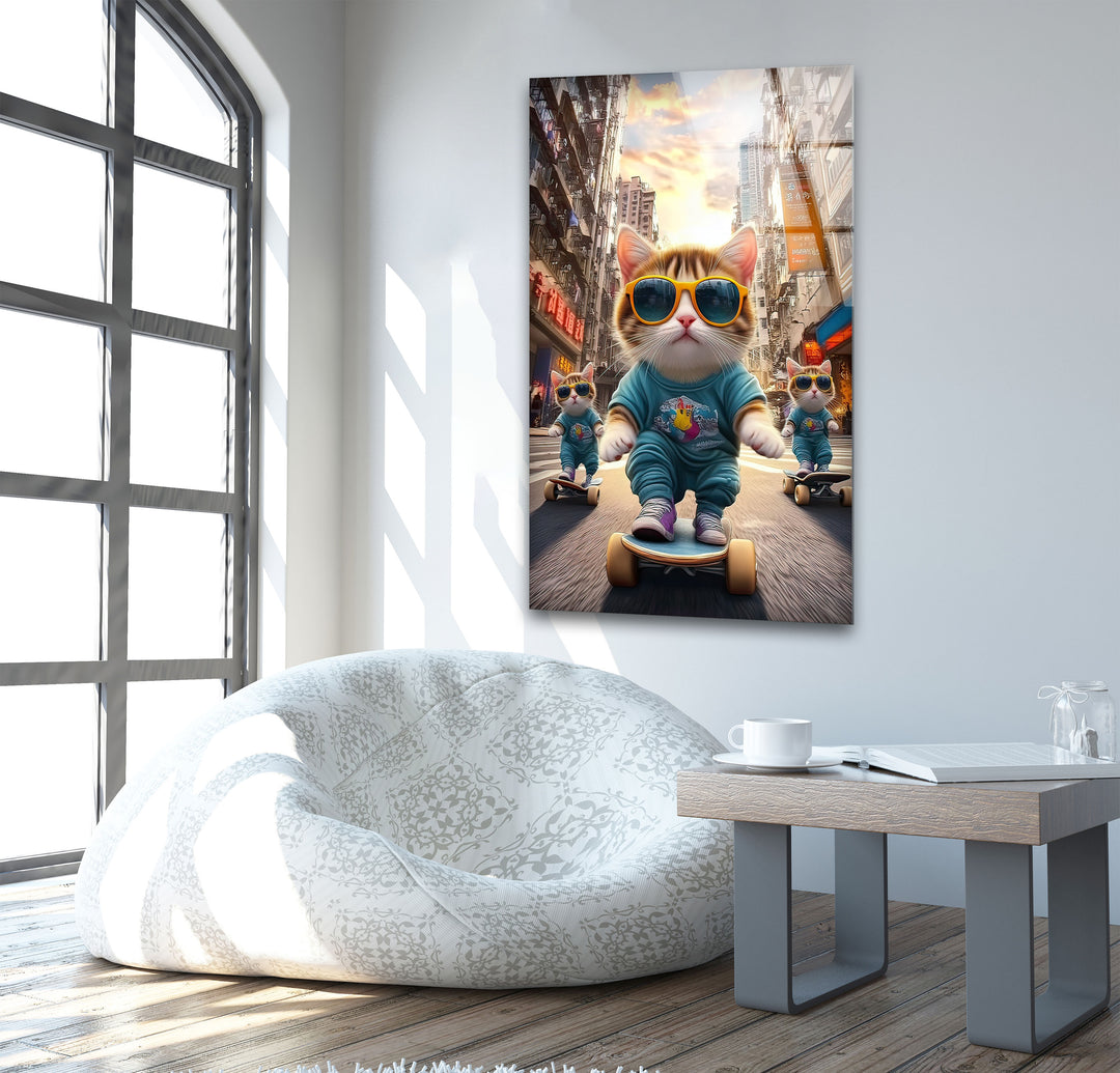 Skateboarder Cats Glass Wall Art custom glass photo prints, large glass prints
