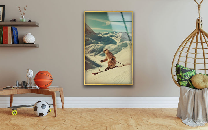 Skier Meerkat Glass Wall Art photo print on glass, prints on glass wall art