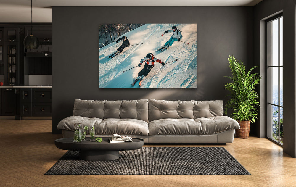 Skiing People Glass Wall Art custom glass pictures, glass art prints
