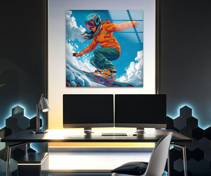 Snowboarder with Orange Suit Glass Wall Art glass art painting, glass art for the Wall
