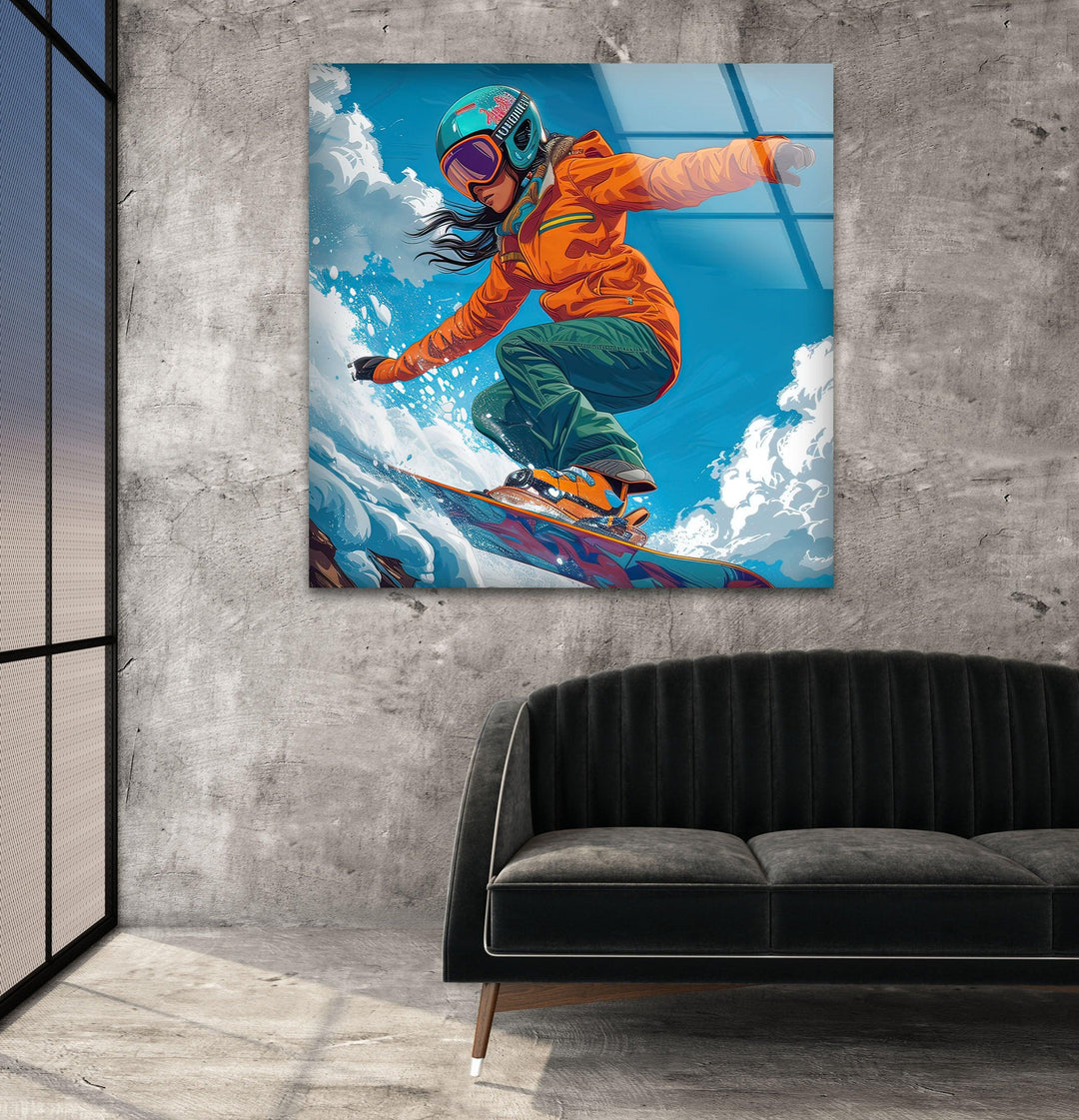 Snowboarder with Orange Suit Glass Wall Art Glass Printing Wall Art, Print photos on glass
