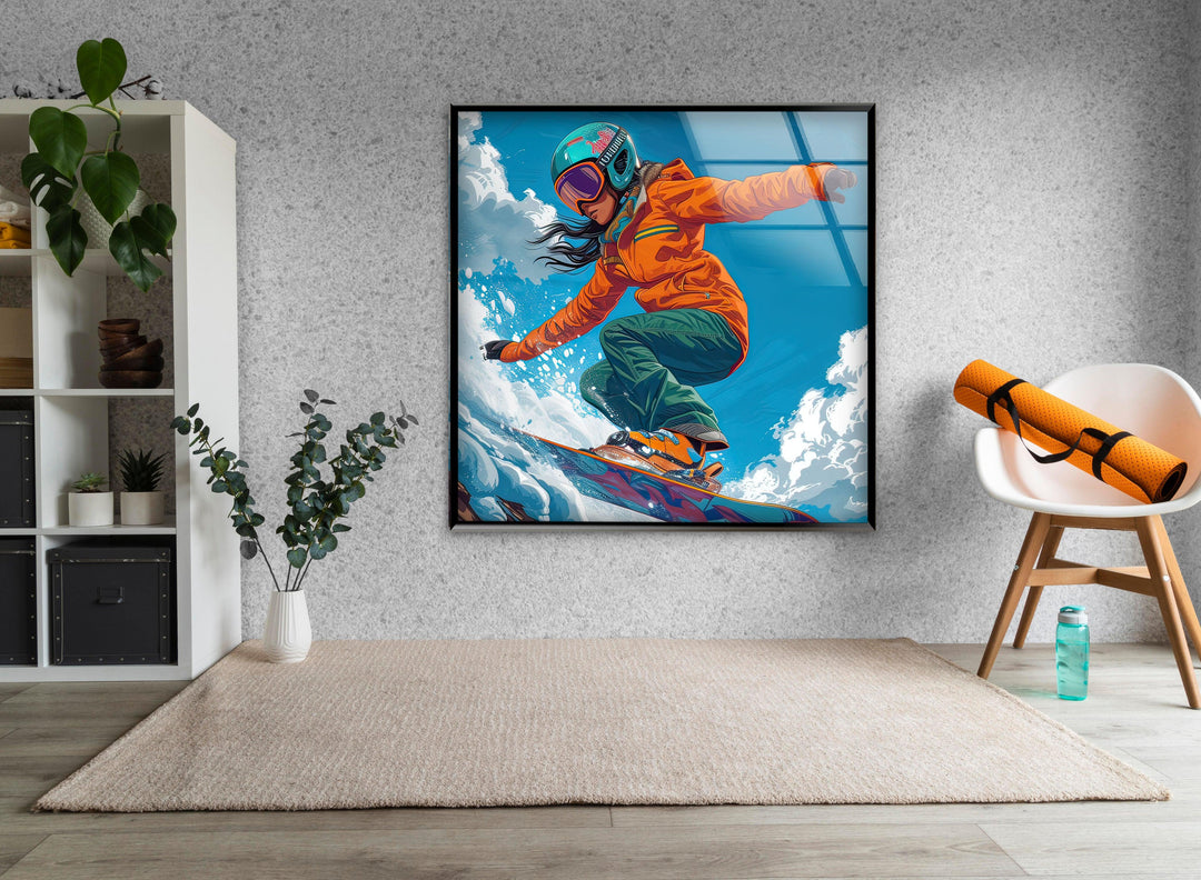 Snowboarder with Orange Suit Glass Wall Art stained glass wall art, stained glass wall decor
