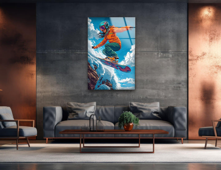 Snowboarder with Orange Suit Glass Wall Art glass photo prints, glass picture prints
