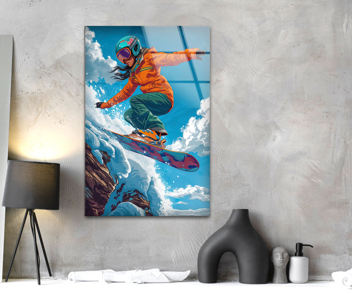 Snowboarder with Orange Suit Glass Wall Art glass image printing, glass prints from photos
