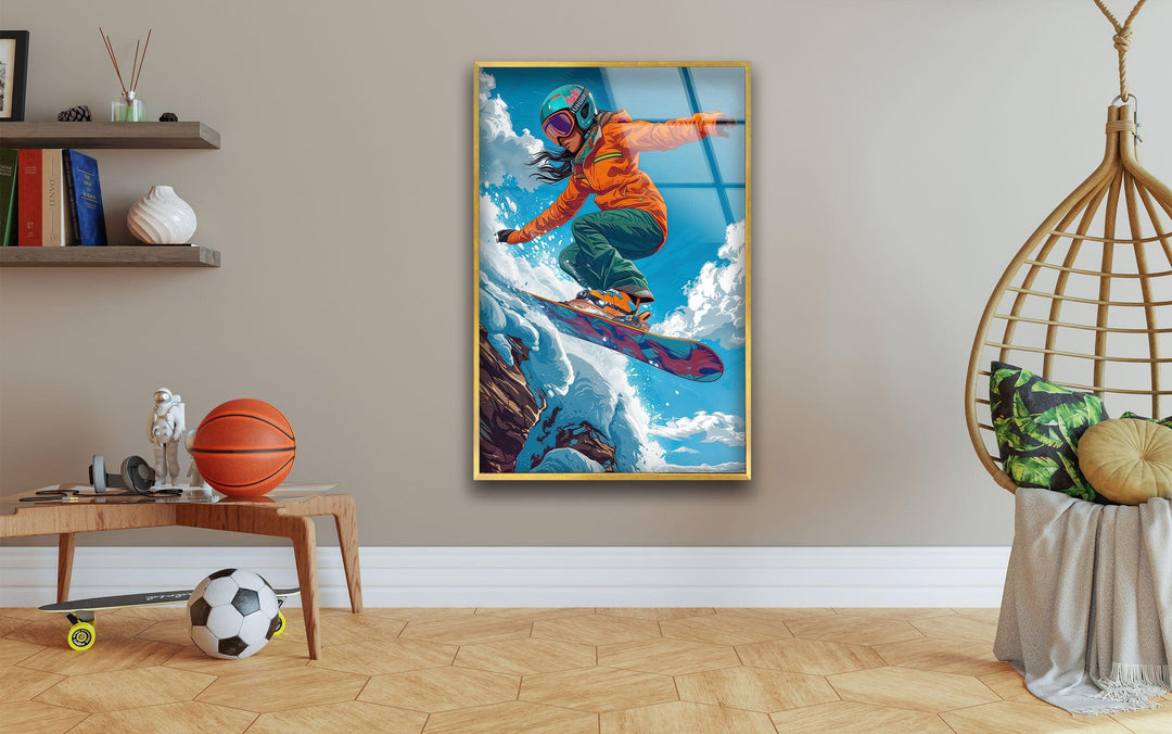 Snowboarder with Orange Suit Glass Wall Art glass pictures for Wall, glass prints wall art
