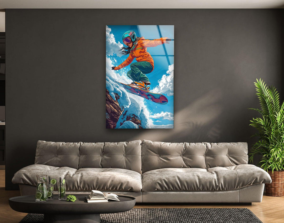 Snowboarder with Orange Suit Glass Wall Art glass wall decor, glass wall art decor
