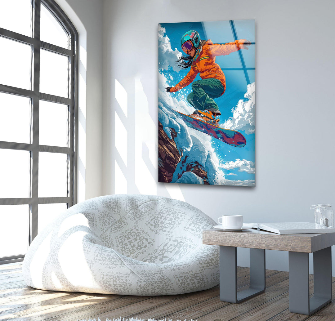 Snowboarder with Orange Suit Glass Wall Art custom glass pictures, glass art prints
