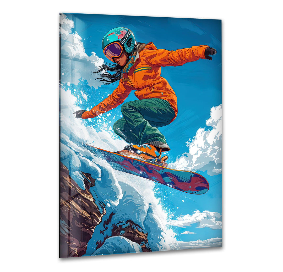 Snowboarder with Orange Suit Glass Wall Art print picture on glass, Tempered Glass Wall Art
