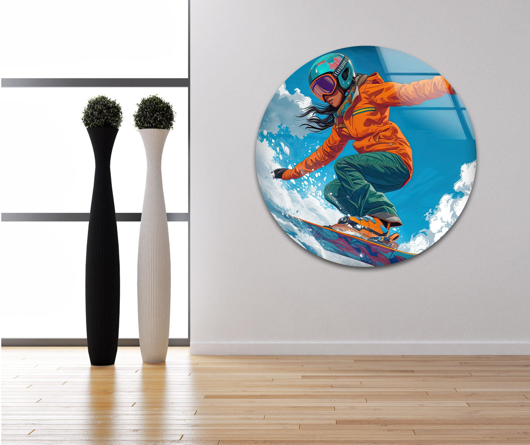 Snowboarder with Orange Suit Glass Wall Art photo print on glass, prints on glass wall art
