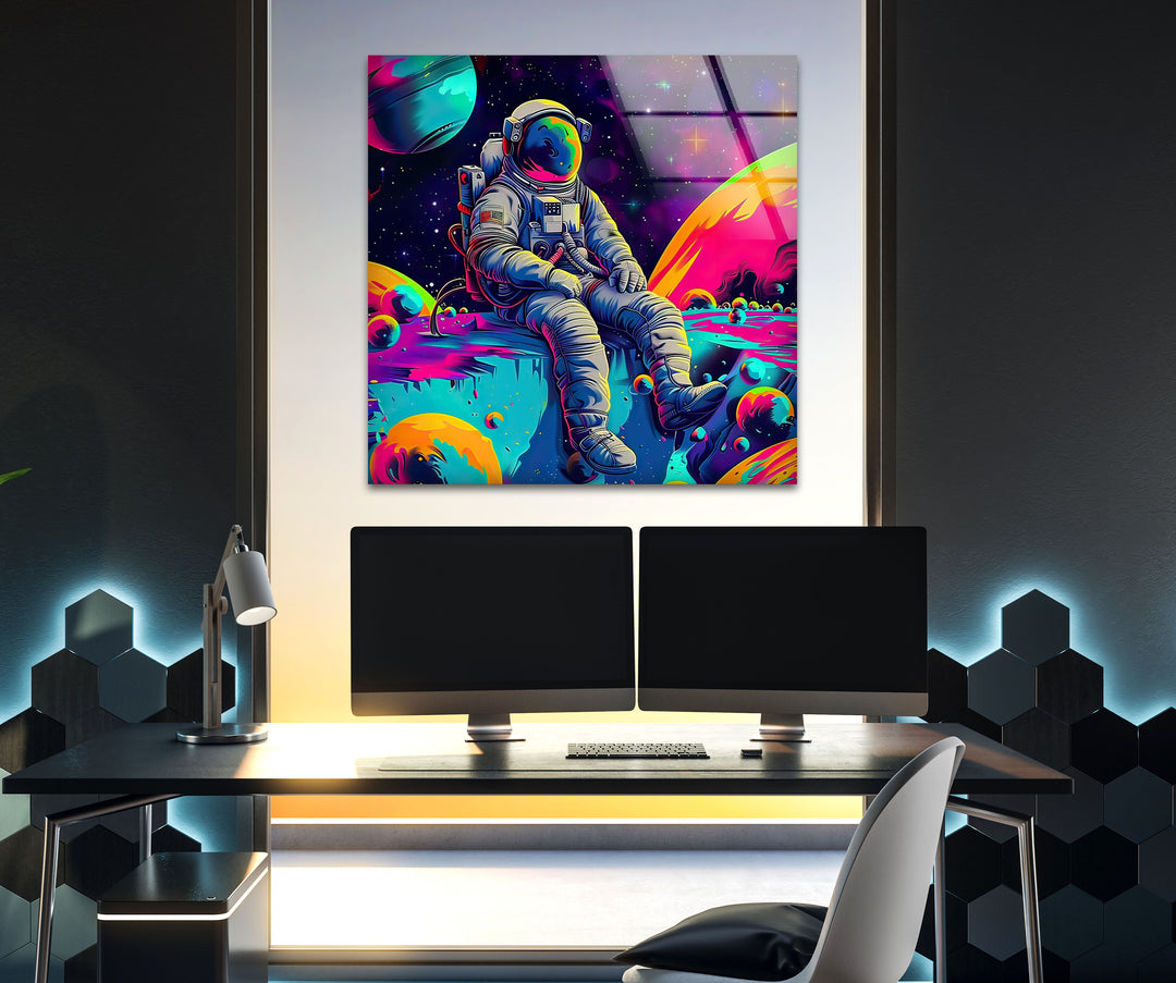 Neon Astronaut on Moon Glass Wall Art glass photo prints, glass picture prints
