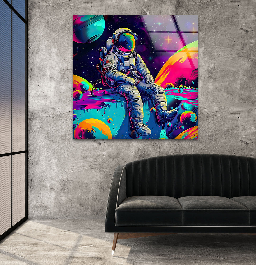 Neon Astronaut on Moon Glass Wall Art art glass wall art, glass wall art pictures
