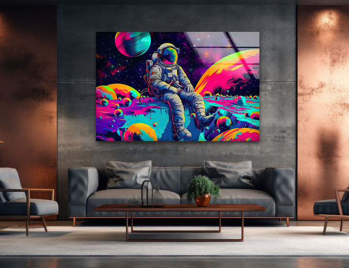 Neon Astronaut on Moon Glass Wall Art glass pictures for Wall, glass prints wall art
