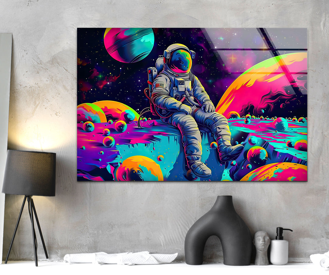 Neon Astronaut on Moon Glass Wall Art custom glass pictures, glass art prints
