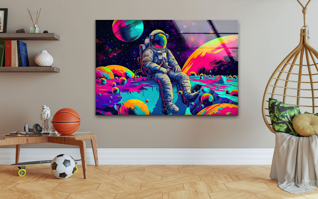 Neon Astronaut on Moon Glass Wall Art photo print on glass, prints on glass wall art
