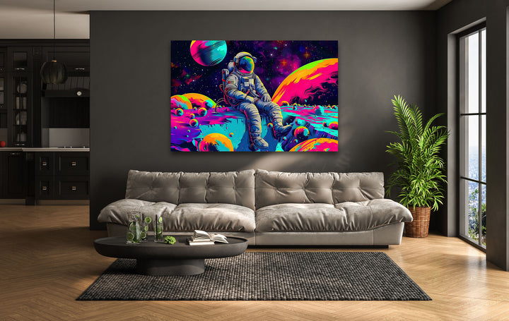 Neon Astronaut on Moon Glass Wall Art glass art painting, glass art for the Wall
